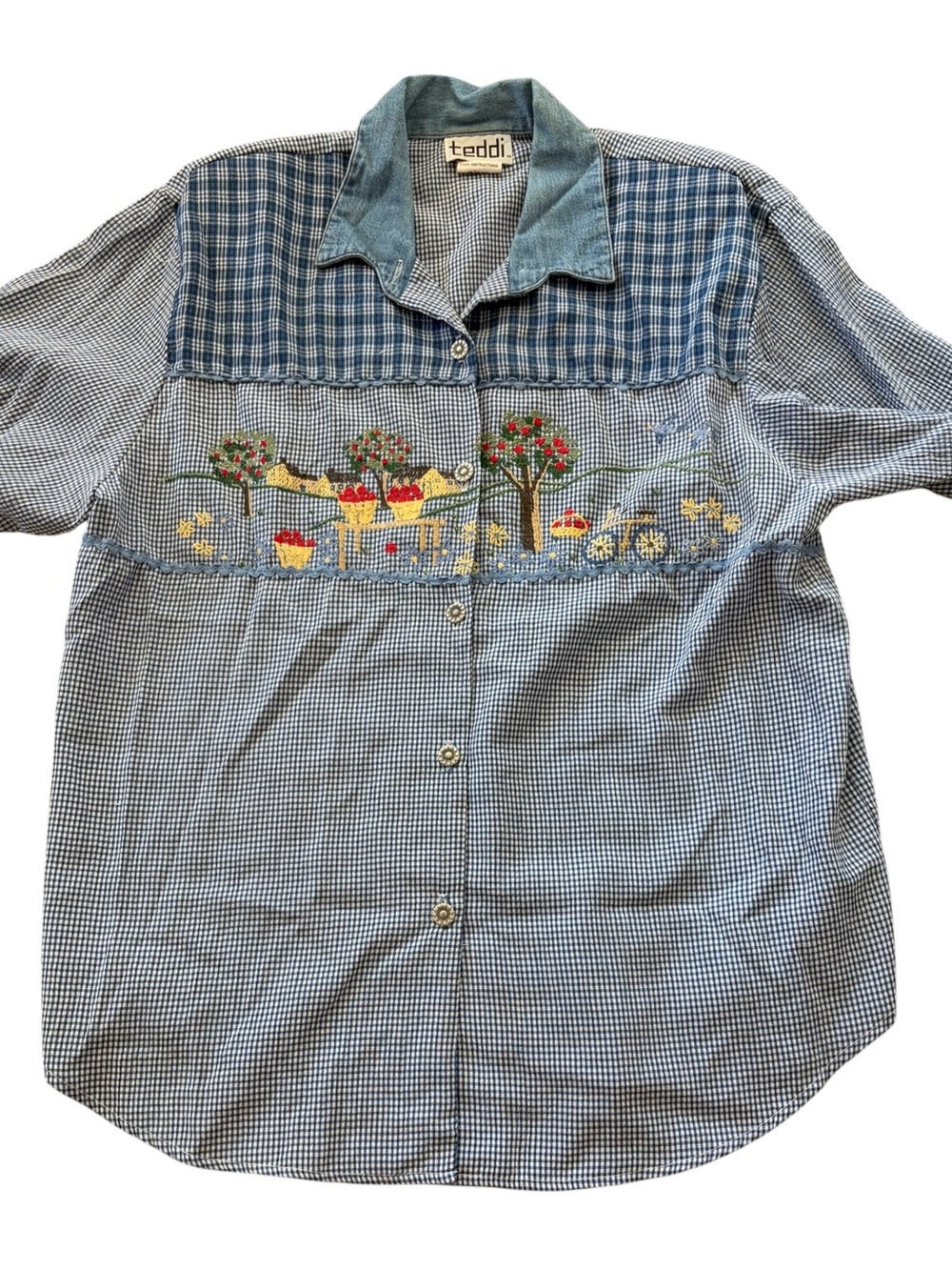 Vintage Woman's Short-Sleeve button down cottagecore gingham embroidered size XL